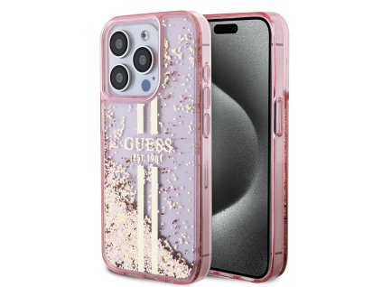 44916 guess trblietavy kryt so zlatymi pruhmi a tekutinou na iphone 15 pro guhcp15llfcsegp ruzovy