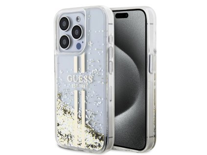 44919 guess trblietavy kryt so zlatymi pruhmi a tekutinou na iphone 15 pro guhcp15llfcsegt priehladny