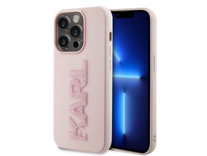 45699 karl lagerfeld 3d design kryt na iphone 15 pro klhcp15l3dmbkcp ruzovy gumovy kryt s trblietkami a logom