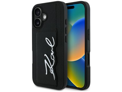 55116 karl lagerfeld hardcase leather cardslot klhcp16spgpvksk kozene tvrde puzdro s priecinkom na karty a metal signature pre iphone 16 cierne