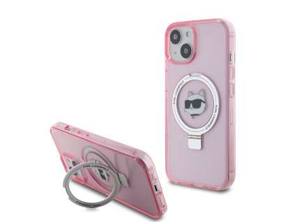 42450 karl lagerfeld tvrdy obal s prstencovym stojanom magsafe klhmp15shmrschp iphone 15 ruzova hlava choupette