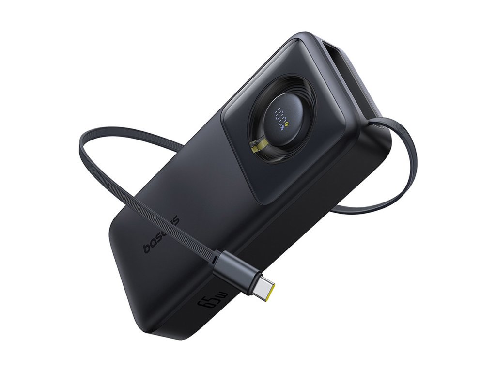 Baseus – Free2Pull power banka zasúvací USB-C kábel, Type-C, displej, 20000mAh, 65W, 0.7m – čierna