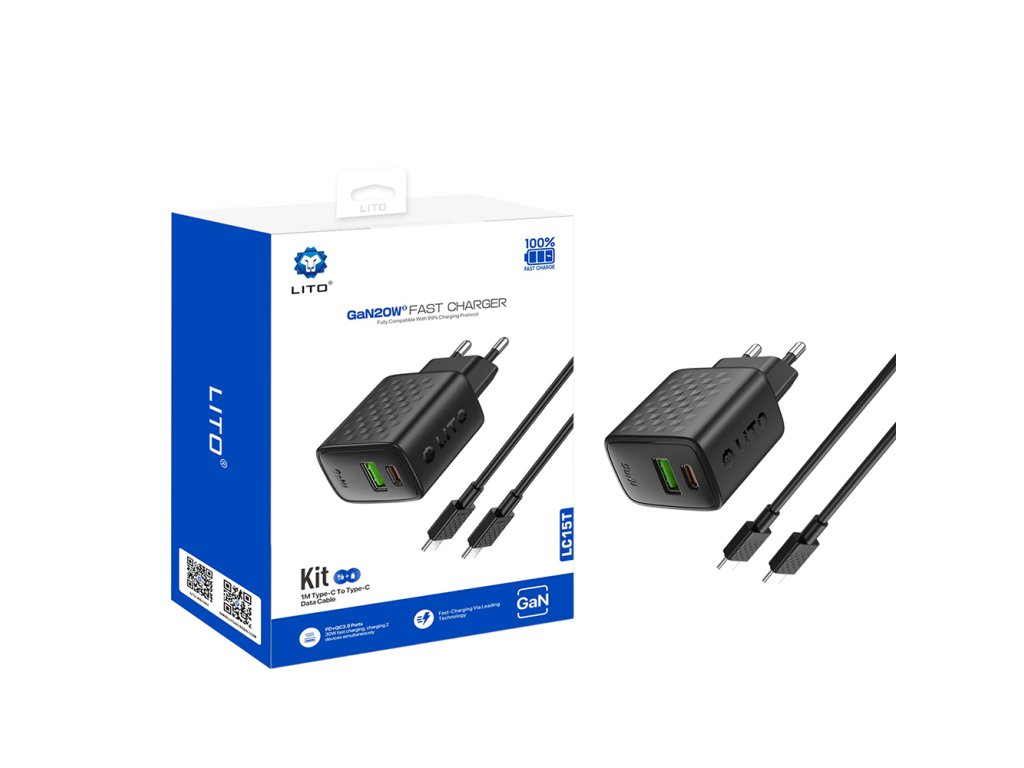 Lito - Wall Charger (LC15T) - with Type-C Cable Included, Type-C, USB Output, PD20W, GaN, PC Fireproof, EU Plug - Black