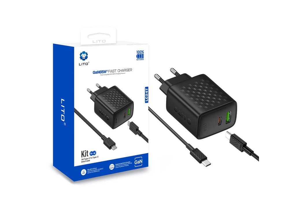 Lito - Wall Charger (LC24T) - with Type-C Cable Included, Type-C, USB Output, PD65W, GaN, PC Fireproof, EU Plug - Black