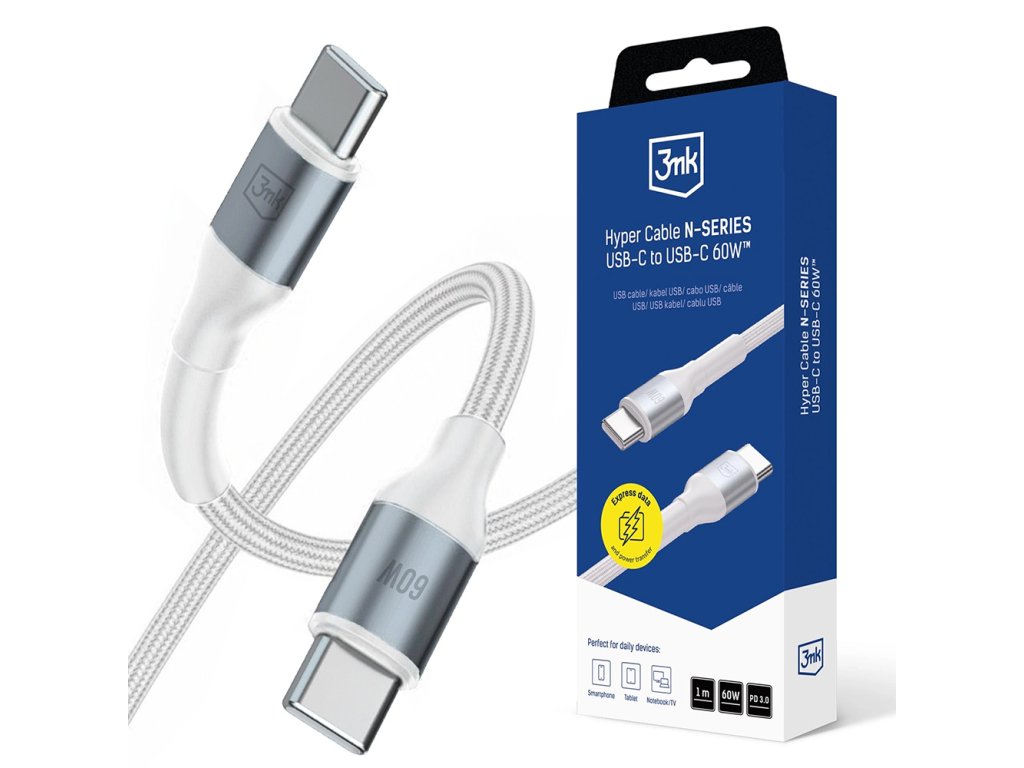 3mk - Data Cable Hyper N-Series - Type-C to Type-C, Fast Charge, 60W, 20V/3A, 1m - White