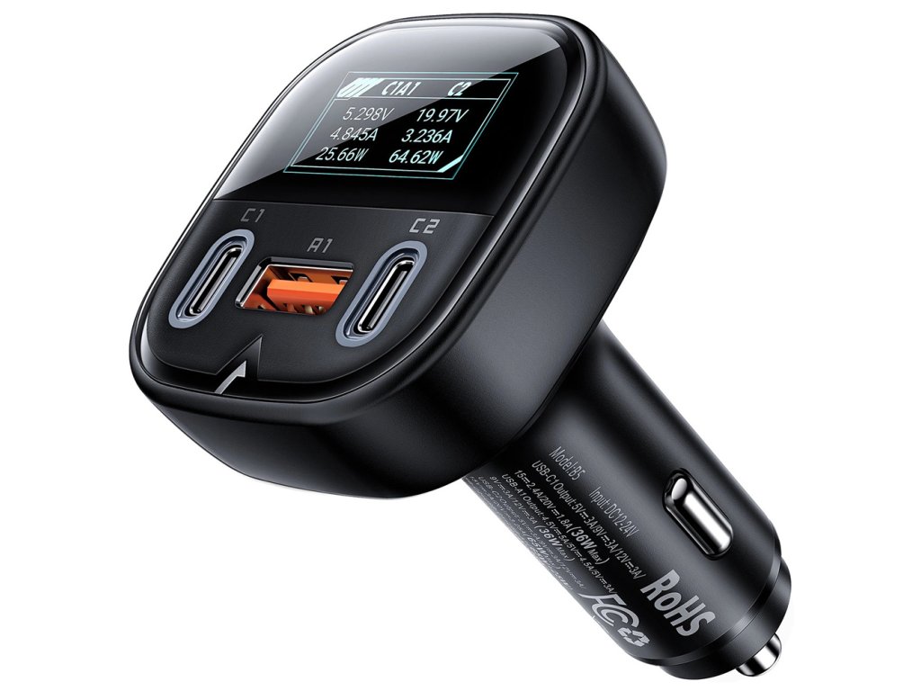Acefast - Car Charger (B5) - Fast Charging, OLED Digital Display, 2x Type-C, USB, 101W, Zinc Alloy - Black