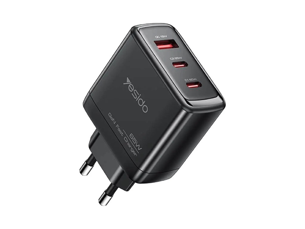 Yesido - Wall Charger (YC144C) - GaN, Fast Charge, for Phone, Tablet, USB, 2x Type-C, PD65W, QC18W, USB-C Cable, 1m - Black