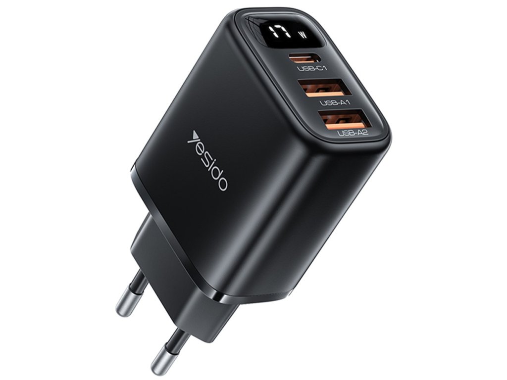 Yesido - Wall Charger (YC67) - with Digital Display, Quick Charge, for Phone, Tablet, 3in1, 2x USB, Type-C, 17W - Black