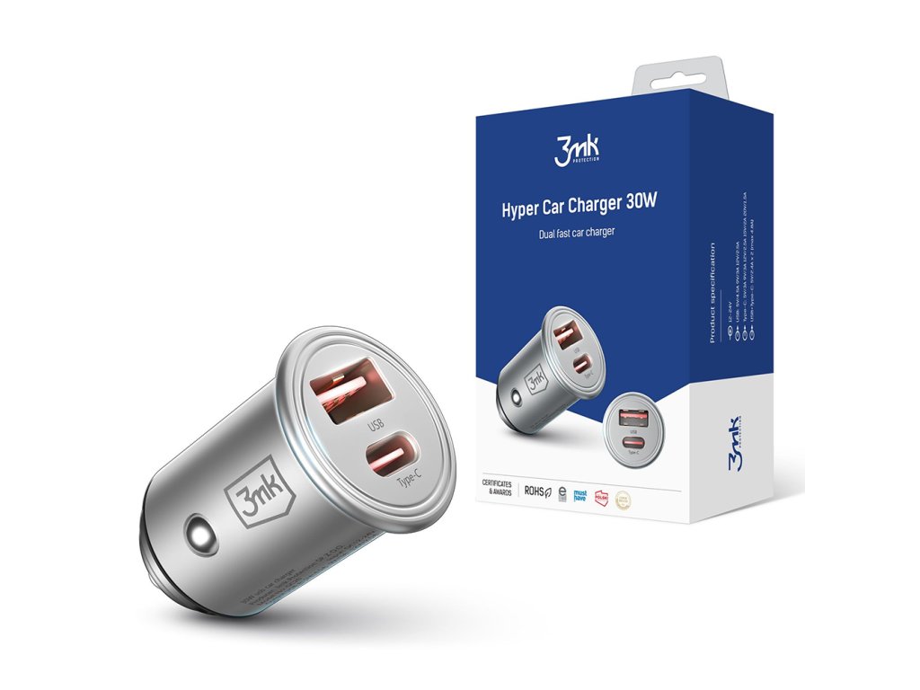 3mk - Car Charger Hyper - USB-A, Type-C, 30W, Durable Aluminium - Silver