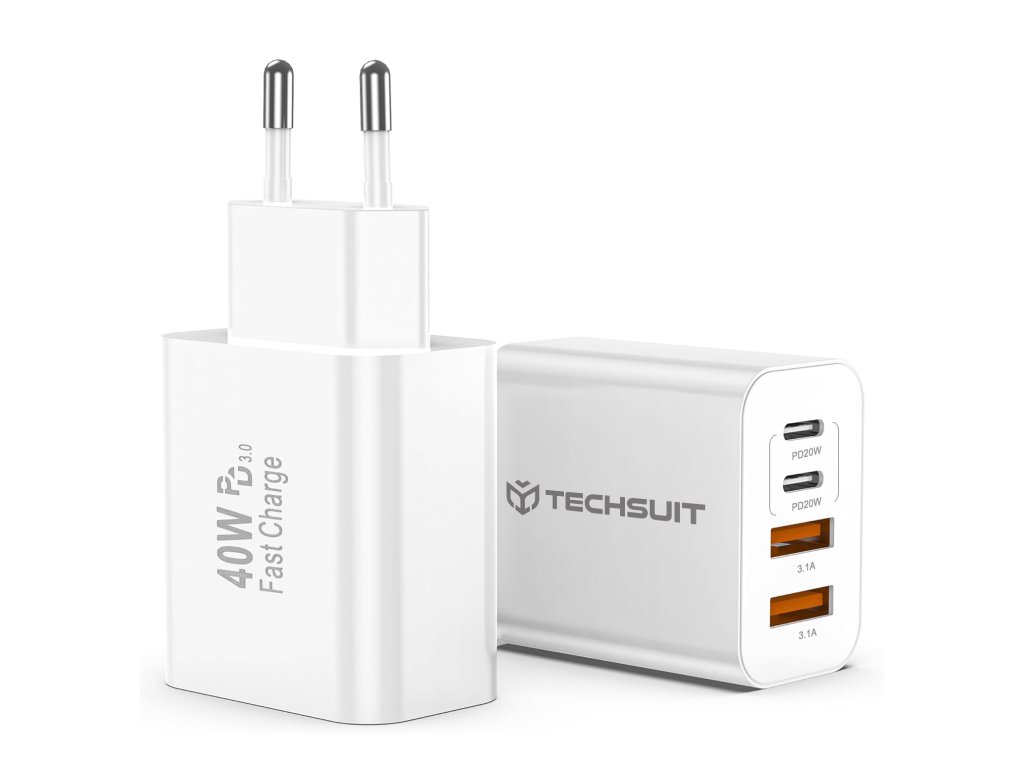 Techsuit - Premium Wall Charger PowerXQuad (CH4) - 2x PD20W Type-C, 2x USB 3.1A, Super Fast Charge Travel Adapter 40W - White