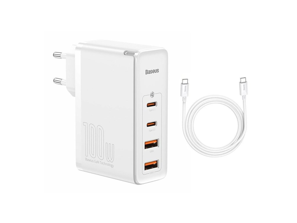 Baseus Nabíjačka do zásuvky 230V GaN2 Pro (CCGAN2P-L02) - 2x USB-C PD 100W, 2x USB-A QC3.0, s káblom Type-C na Type-C - Biela