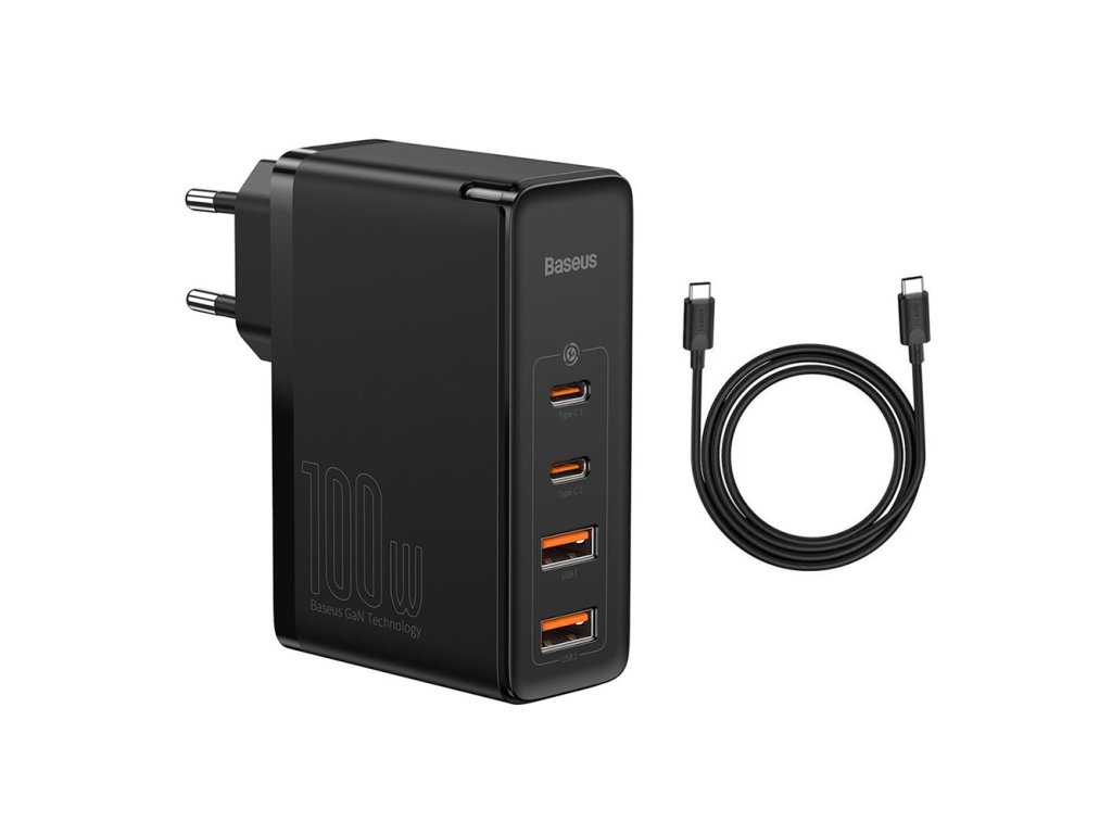 Baseus Nabíjačka do zásuvky 230V GaN2 Pro (CCGAN2P-L01) - 2x USB-C PD 100W, 2x USB-A QC3.0, s káblom Type-C na Type-C - Čierna