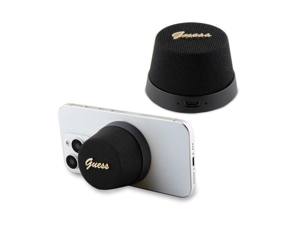 Guess Speaker Stand Magnetic Script Metal bezdrôtový reproduktor (GUWSC3ALSMK) - TWS, USB-C, Bluetooth V5.3, 700mAh, 3W - Čierny