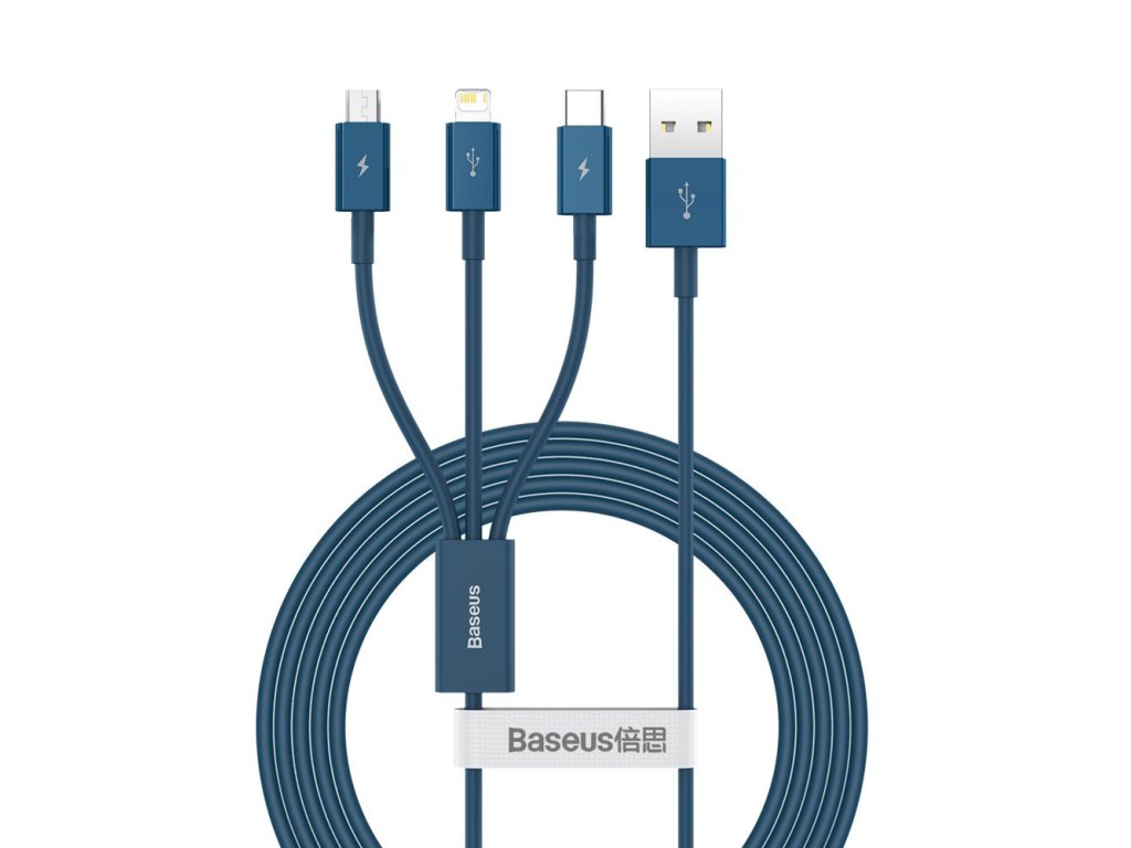 Dátový kábel Superior Series (CAMLTYS-03) - USB na Type-C, Micro-USB, Lightning, rýchle nabíjanie 3,5 A, 1,5 m - modrý