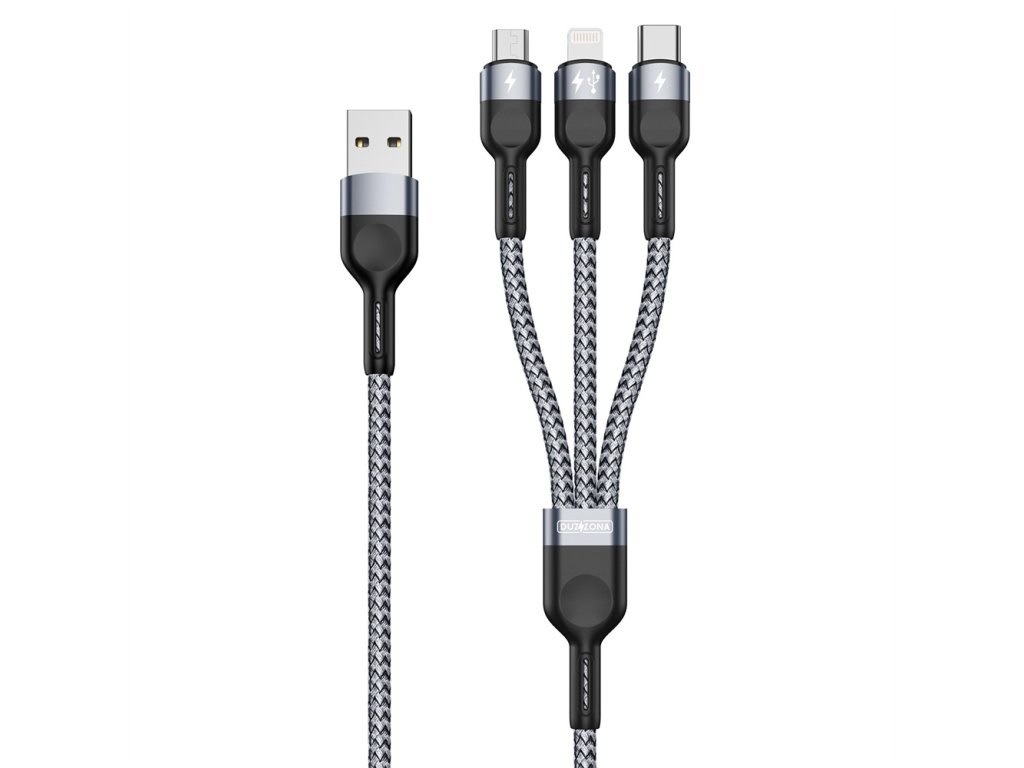 Dátový kábel 3v1 (A3) - USB na Type-C, Lightning, Micro-USB, 480 Mb/s, 1,3 m - sivý