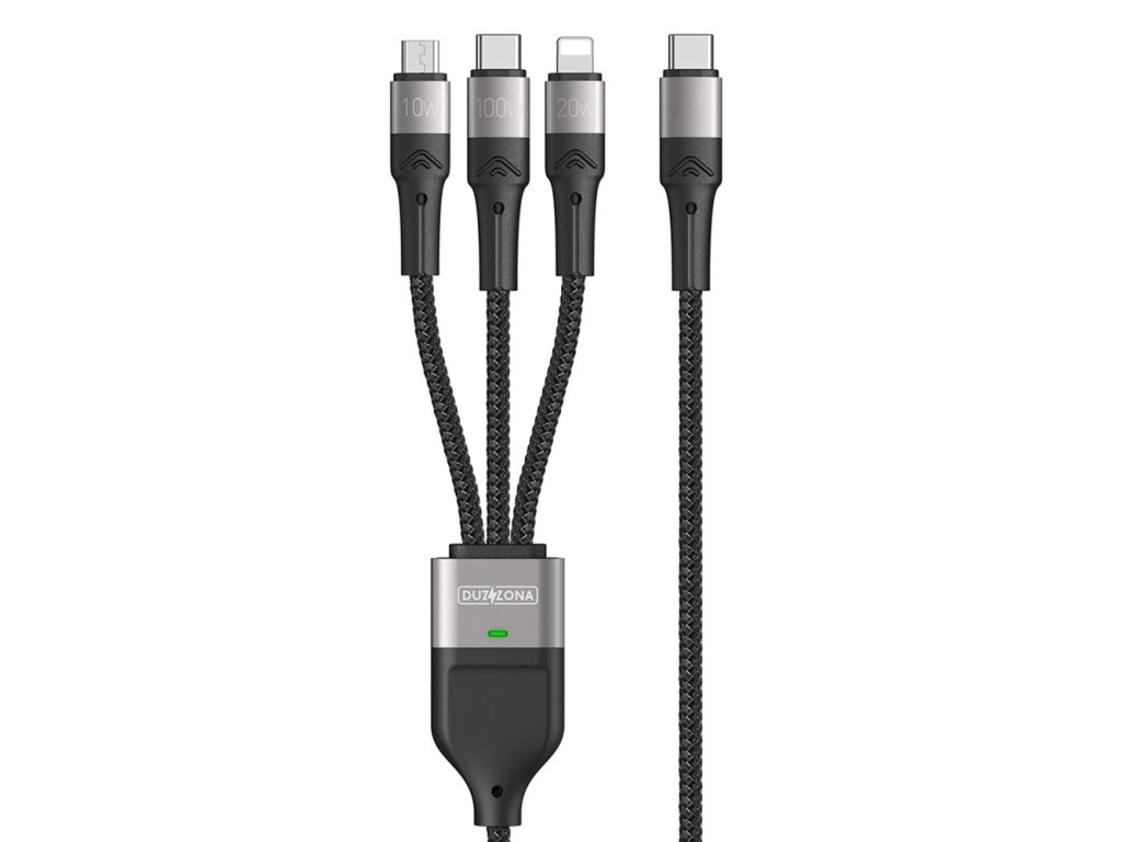 Duzzona – dátový kábel 3v1 USB-C na Type-C / Lightning / Micro-USB, 100 W, 1,3 m – sivý