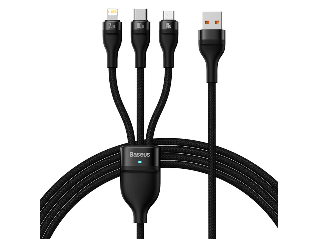 Baseus – dátový kábel Flash Series 2 USB na Type-C / Lightning / Micro-USB, rýchle nabíjanie, 100 W, 1,2 m – čierny