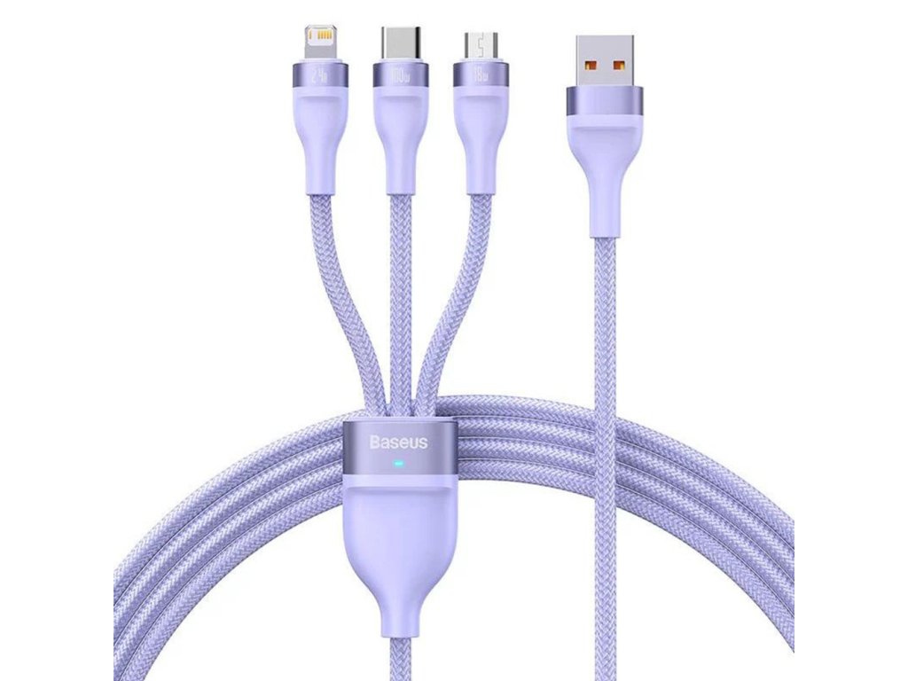Baseus – dátový kábel Flash Series 2 USB na Type-C / Lightning / Micro-USB, rýchle nabíjanie, 100 W, 1,2 m – fialový