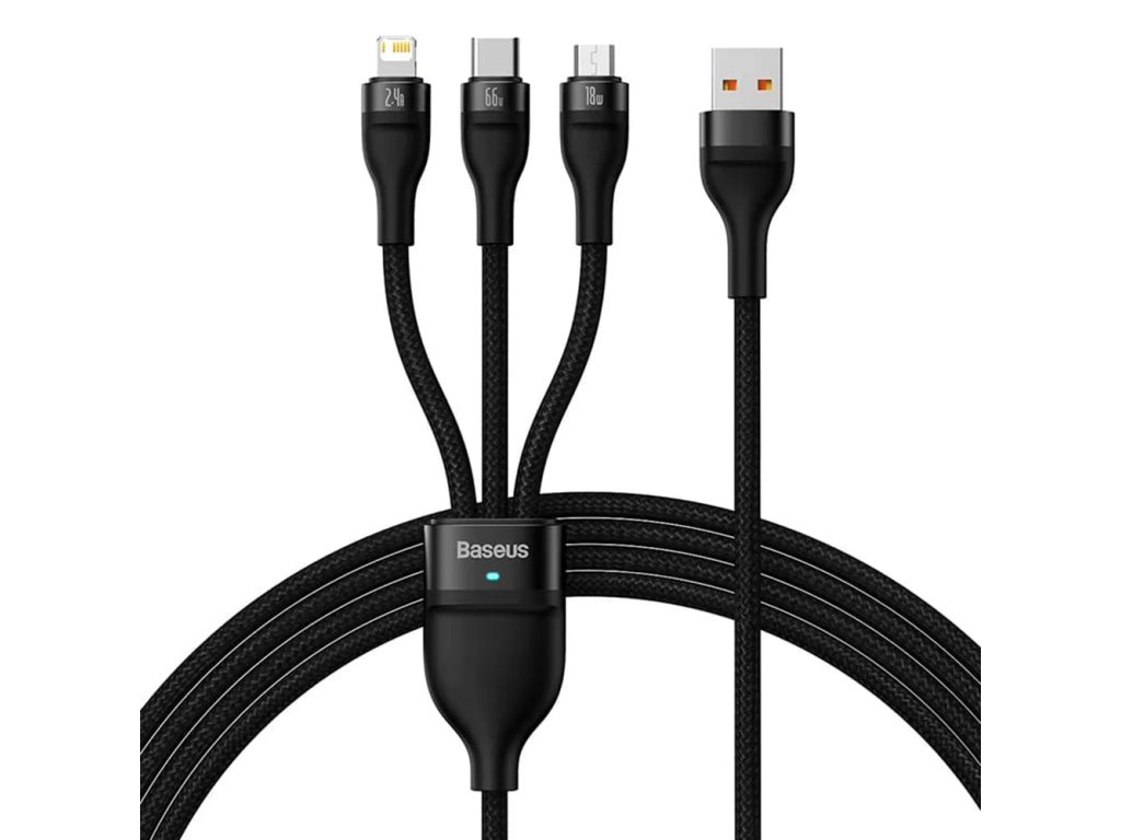 Baseus – dátový kábel Flash Series 2 USB na Type-C / Lightning / Micro-USB, rýchle nabíjanie, 66 W, 1,2 m – čierny