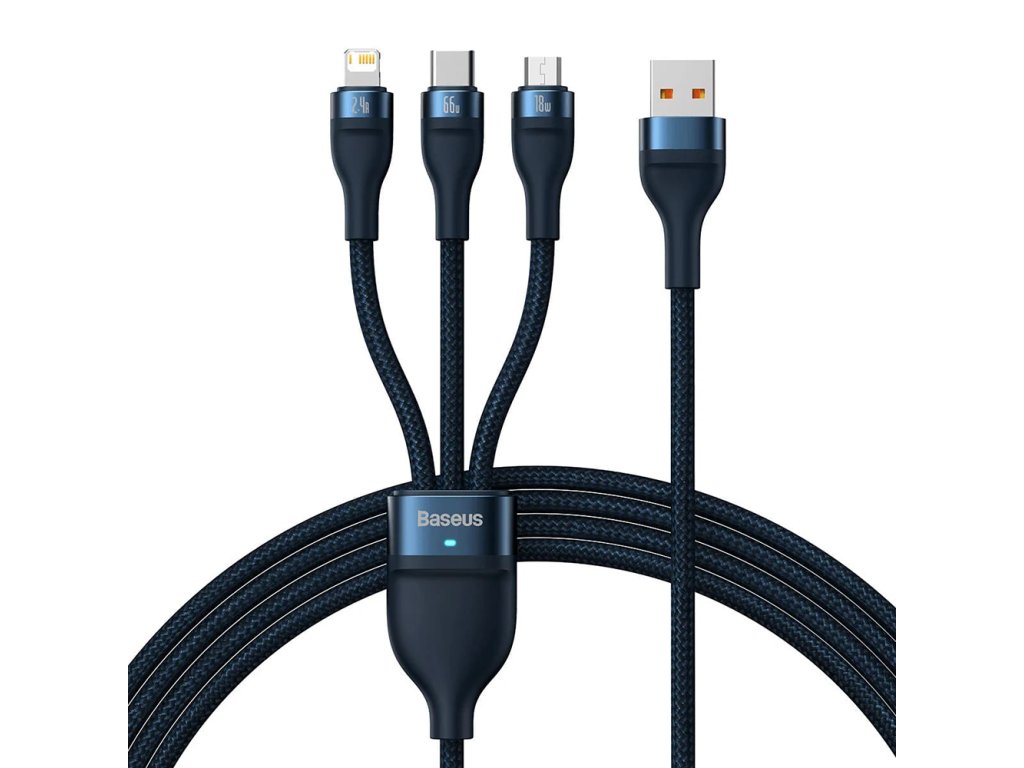 Baseus – dátový kábel Flash Series 2 USB na Type-C / Lightning / Micro-USB, rýchle nabíjanie, 66 W, 1,2 m – modrý