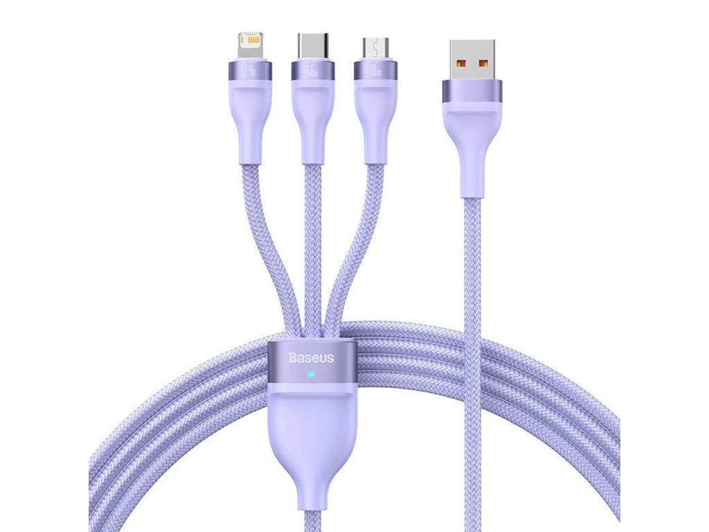 Baseus – dátový kábel Flash Series 2 USB na Type-C / Lightning / Micro-USB, rýchle nabíjanie, 66 W, 1,2 m – fialový