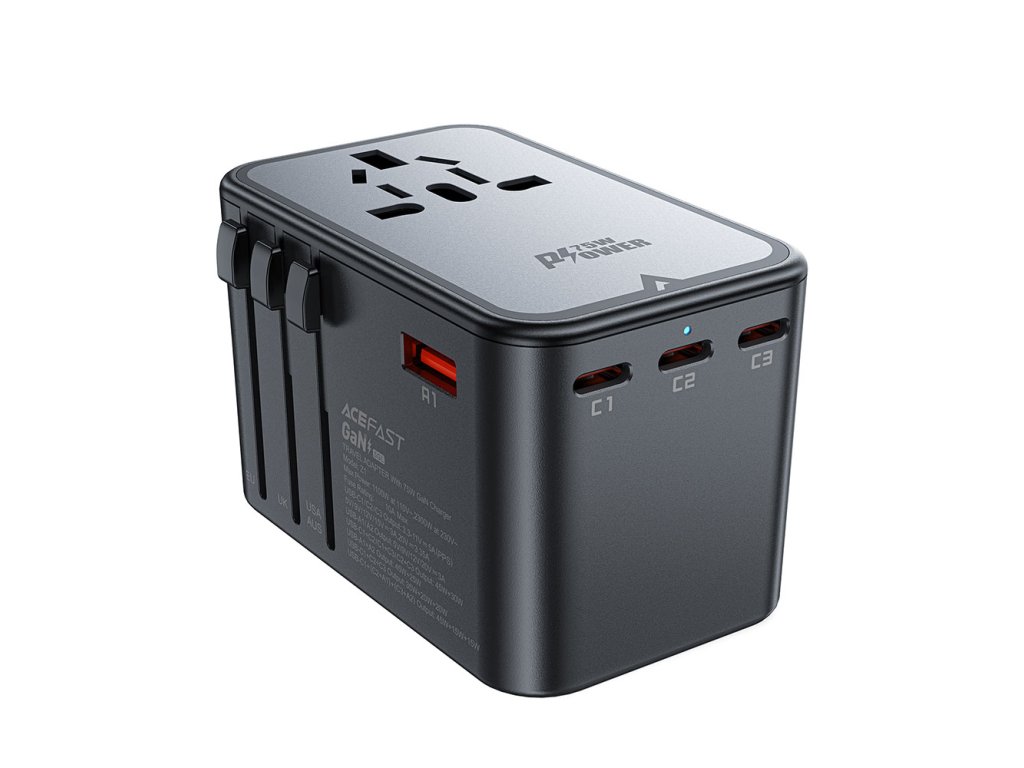Acefast – cestovný adaptér GaN, 3× Type-C, 2× USB, EU/UK/AUS/US, PD75W, multifunkčná rýchla nabíjačka – čierny