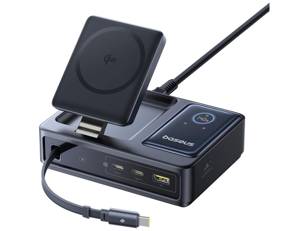 Baseus - Charging Station Nomos (P10170902123-00) - MagSafe Charger, Type-C, Digital Display, 5in1, 140W - Black