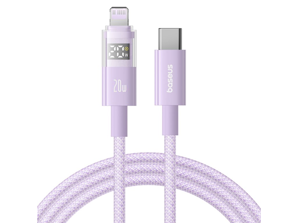 Baseus – dátový kábel Display 2 Type-C na Lightning, rýchle nabíjanie, digitálny displej, 20 W, 2 m – fialový (Nebula Purple)