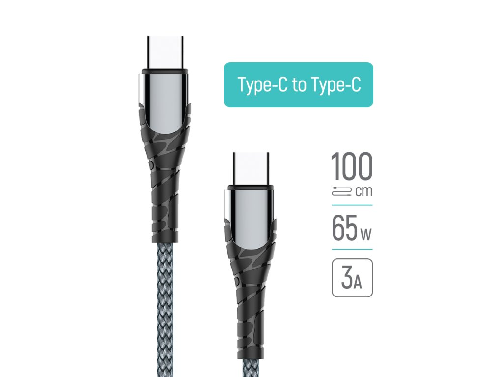 ColorWay – dátový kábel Type-C na Type-C, PD rýchle nabíjanie 65 W, 3 A, nylon, 1 m – sivý