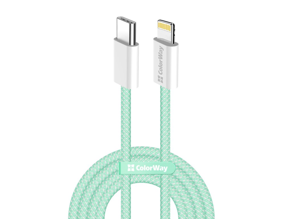 ColorWay - Data Cable (CW-CBPDCL061-G) - Type-C to Apple Lightning, PD 27W, 3A, 480Mbps, Nylon, 1m - Green