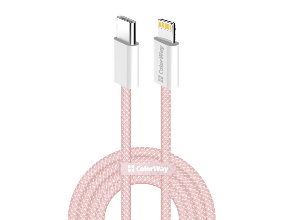 ColorWay - Data Cable (CW-CBPDCL061-P) - Type-C to Apple Lightning, PD 27W, 3A, 480Mbps, Nylon, 1m - Pink