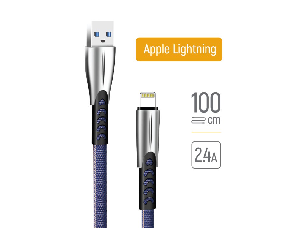 ColorWay – dátový kábel USB na Lightning, pozinkované konektory, nylon, 2,4 A, 480 Mbps, 1 m – modrý