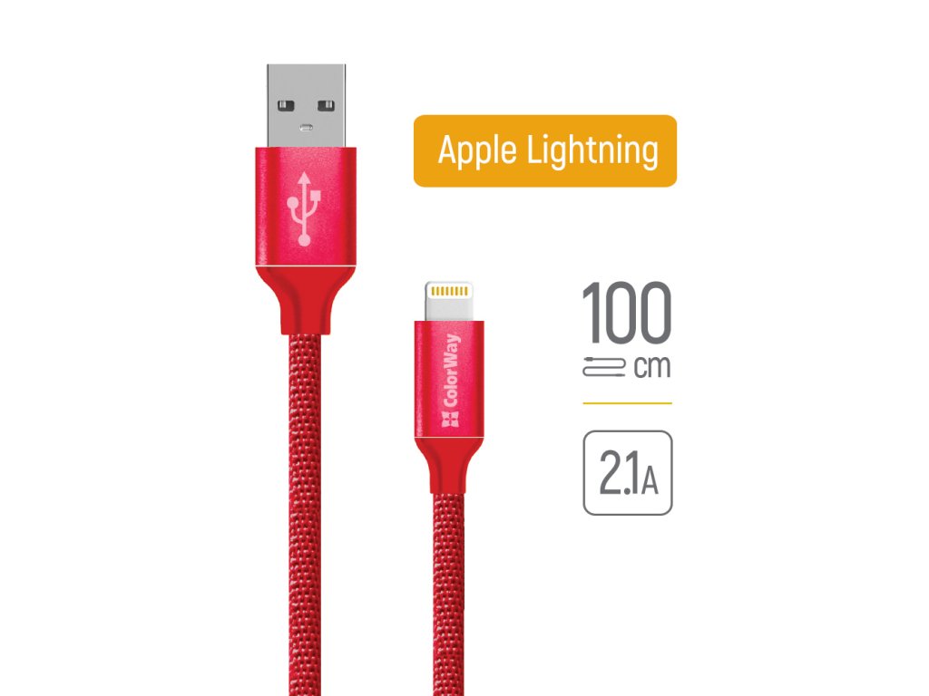 ColorWay - Data Cable (CW-CBUL004-RD) - USB 2.0 to Apple Lightning, for Syncing & Charging, Nylon, 2.1A, 480Mbps, 1m - Red