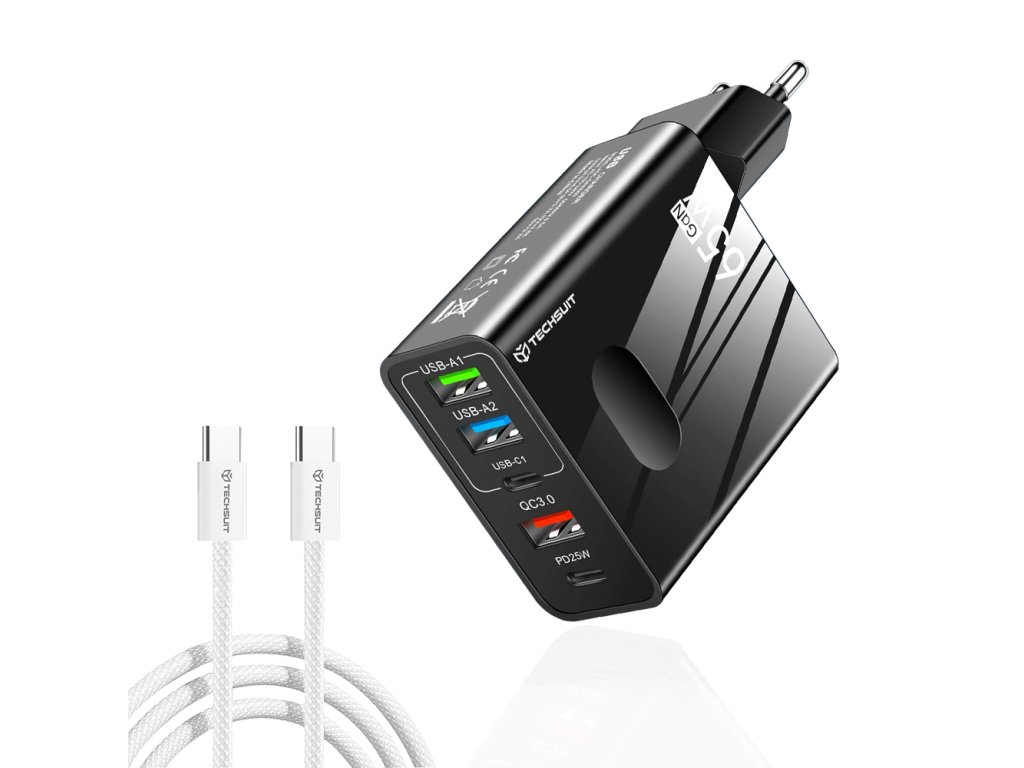 Techsuit – prémiová sieťová nabíjačka PentaXPower, 3× USB, 2× Type-C PD (25 W, 65 W), GaN, vrátane Type-C kábla 1 m – čierna