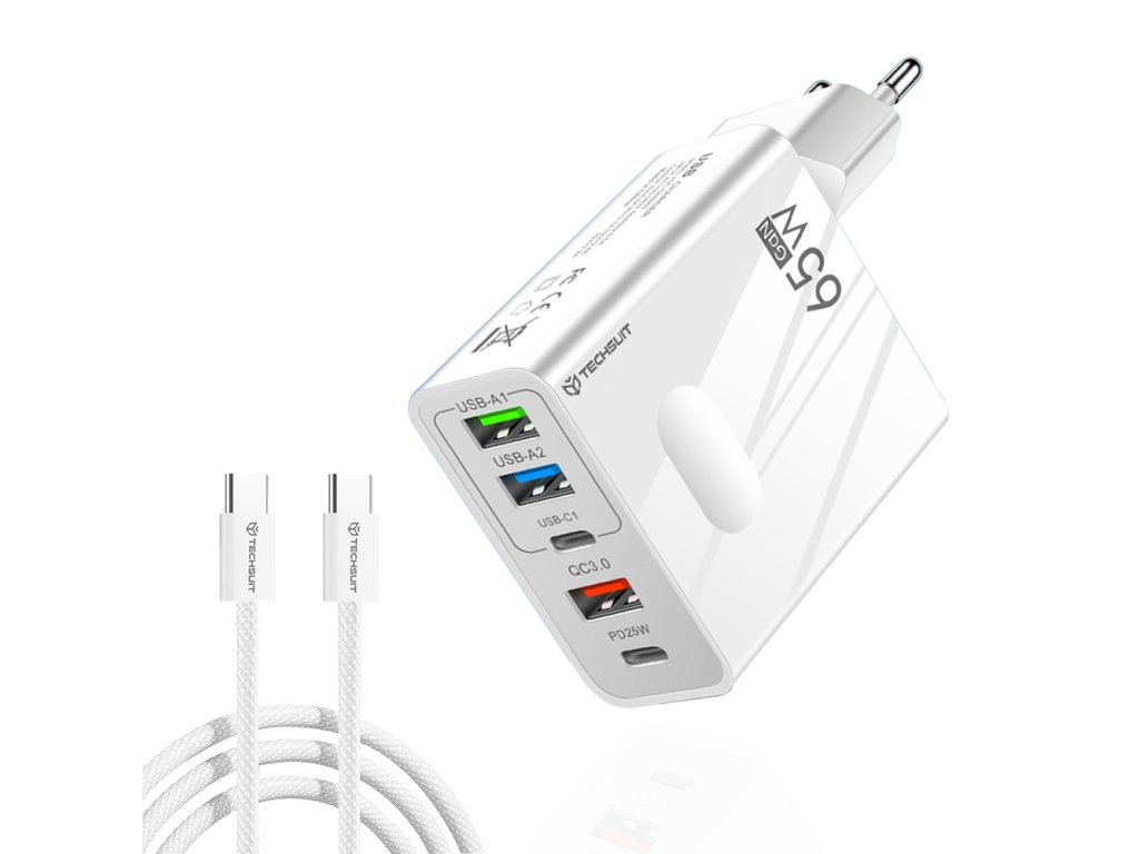 Techsuit - Premium Wall Charger PentaXPower (CHC1) - Type-C Cable Included, 3x USB, 2x Type-C PD 25W, 65W, GaN, 1m - White