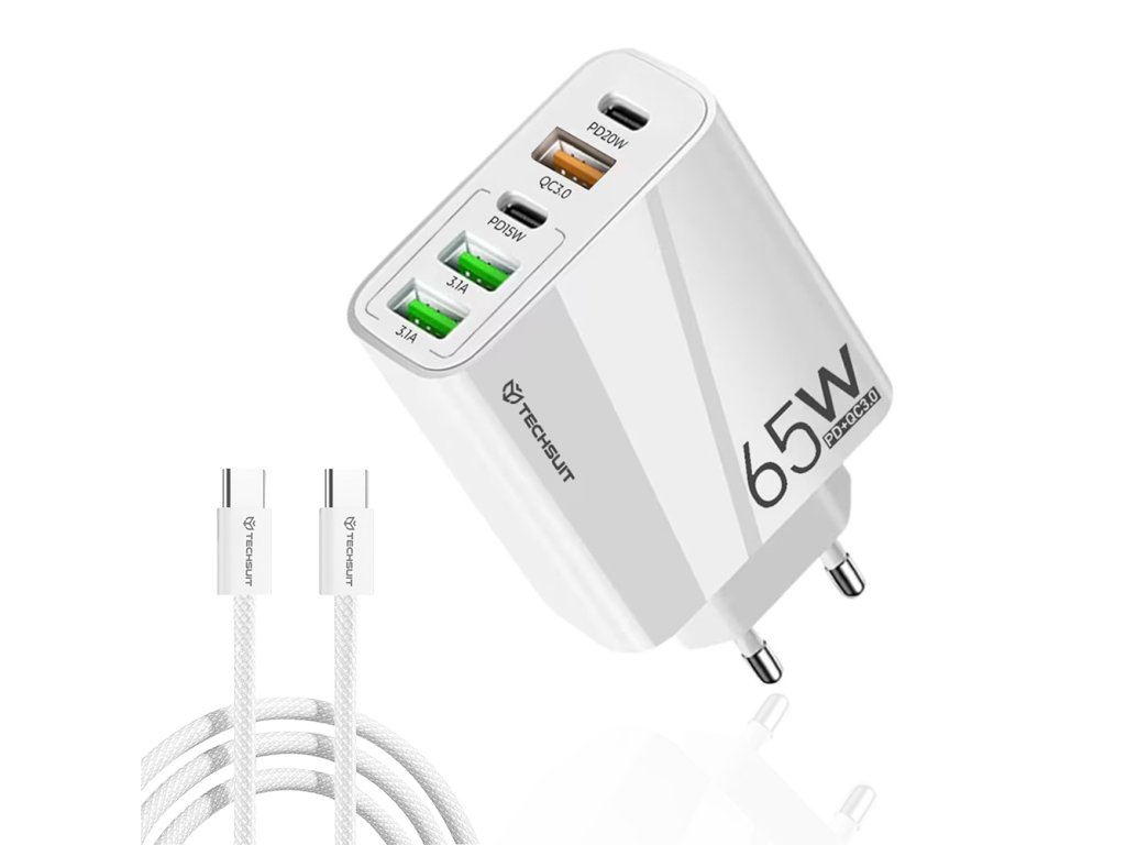 Techsuit – prémiová sieťová nabíjačka PentaXPower, 3× USB QC 3.0, 2× Type-C PD (20 W, 65 W), vrátane Type-C kábla 1 m – biela