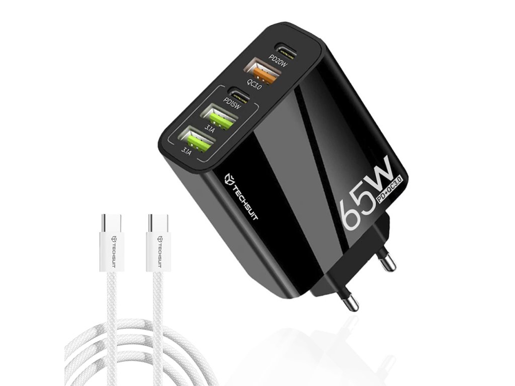 Techsuit – prémiová sieťová nabíjačka PentaXPower, 3× USB QC 3.0, 2× Type-C PD (20 W, 65 W), vrátane Type-C kábla 1 m – čierna