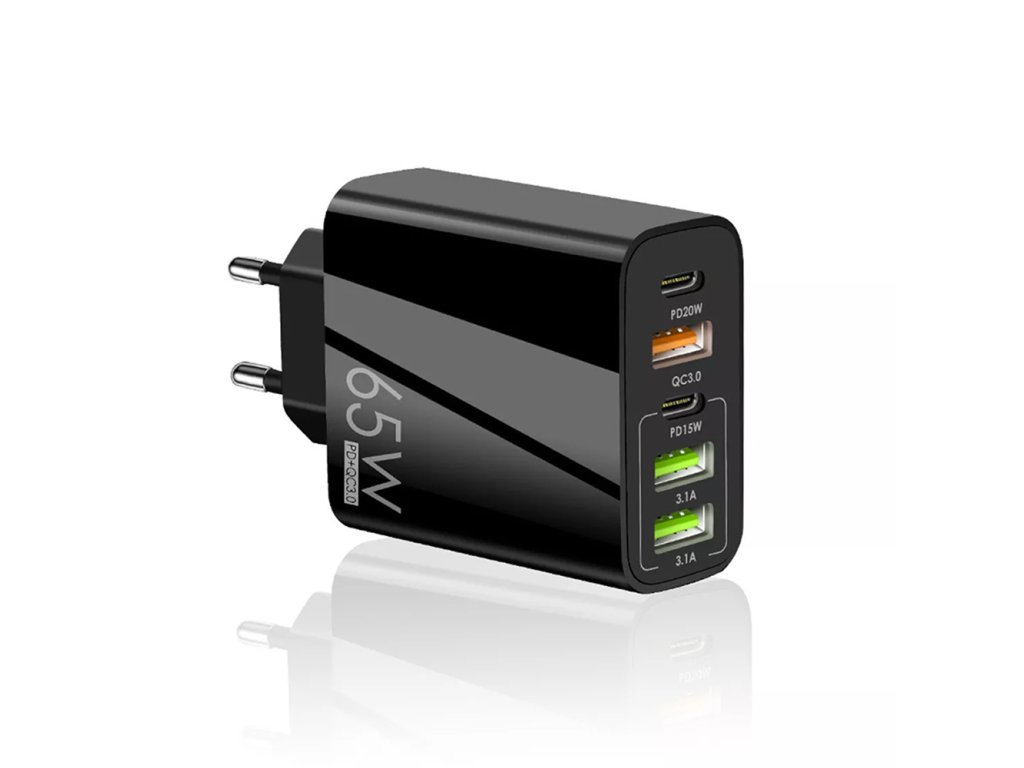 Techsuit – prémiová sieťová nabíjačka PentaXPower, 3× USB QC 3.0, 2× Type-C PD (20 W, 65 W), GaN, Quick Charge – čierna