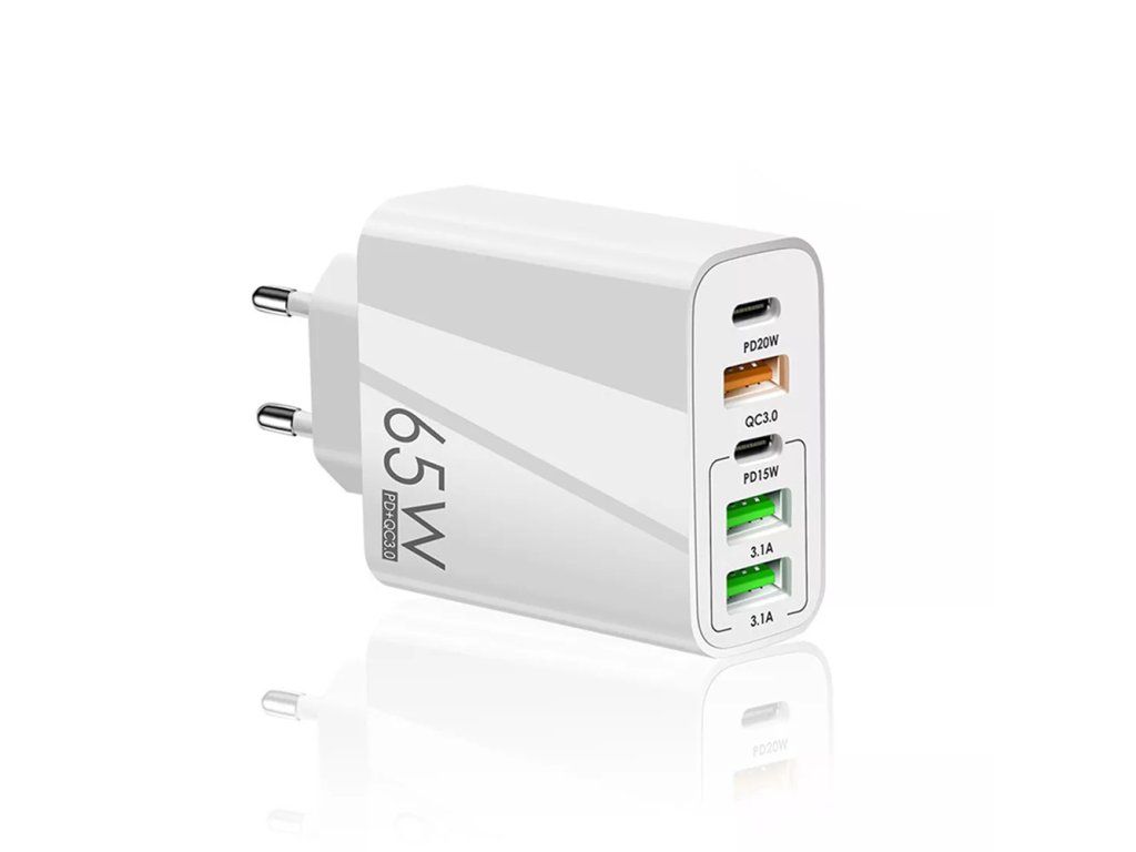 Techsuit – prémiová sieťová nabíjačka PentaXPower, 3× USB QC 3.0, 2× Type-C PD (20 W, 65 W), GaN, Quick Charge – biela