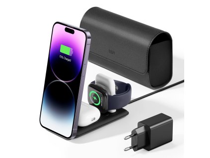 ESR - Premium 3v1 bezdrôtová cestovná nabíjacia súprava s taškou pre iPhone, Apple Watch (MFi), AirPods, Qi2 15W – čierna