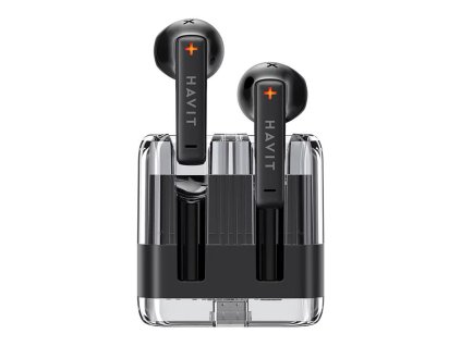 Havit - Bezdrôtové slúchadlá TW981 – Bluetooth 5.3, TWS, USB-C, mikrofón, priehľadné telo, 13 mm meniče, 300 mAh – čierne