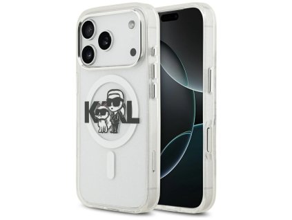 Karl Lagerfeld – IML Glitter Karl & Choupette Sketch Logo MagSafe obal na iPhone 17 Pro – priehľadný