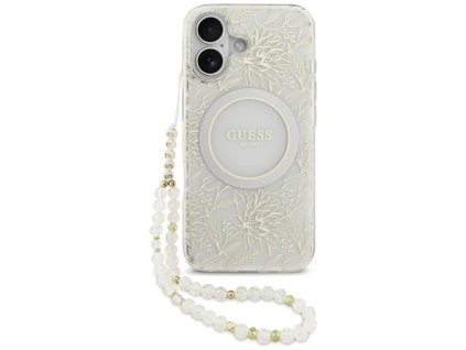 Guess – IML Flowers with Pearl Strap MagSafe obal na iPhone 17 – biely