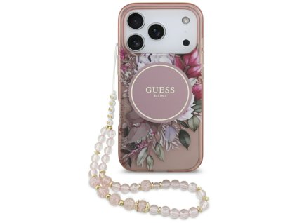 Guess – IML Flowers with Pearl Strap MagSafe obal na iPhone 17 Pro – ružový