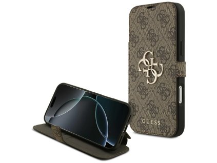 Guess – Book 4G Metal Logo knižkové puzdro na iPhone 17 Pro – hnedé