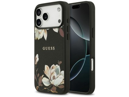 Guess – Grained Flowers MagSafe puzdro na iPhone 17 Pro Max – čierne
