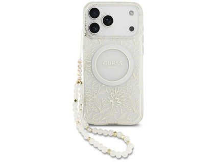 Guess - IML Flowers Allover Electroplated with Pearl Strap MagSafe puzdro pre iPhone 17 Pro Max - biele