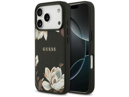 Guess - Grained Flowers MagSafe puzdro pre iPhone 17 Pro - čierne