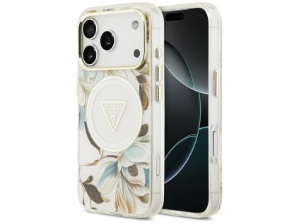 Guess - IML Metal Glitter Flowers Triangle MagSafe puzdro pre iPhone 17 Pro Max - biele