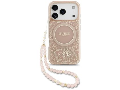 Guess - IML Flowers Allover Electroplated with Pearl Strap MagSafe puzdro pre iPhone 17 Pro - ružové